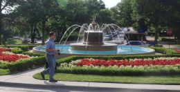 Richard Gwin/Journal-World Photo Lawrence resident Paul Klepper passes by the Chi Omega fountain recently on the campus of Kansas University.